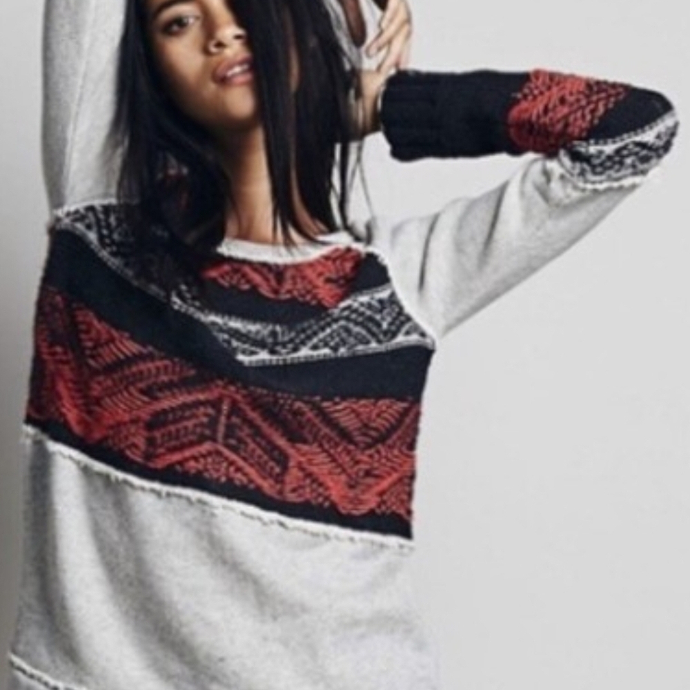 Free People Black and Red Patterned Sweater